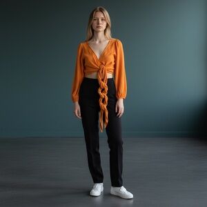 Orange Tie Front Wrap Crop Top Long Sleeve Boho Festival